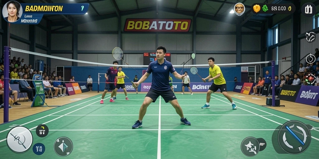 Screenshot utama BOBATOTO menampilkan gameplay badminton yang intens dan realistis.